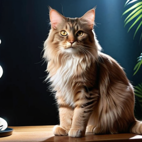Home 13 **Ancestry & Discovery:** A domestic cat, a beloved 'mestizo' (mixed breed), sitting calmly with an aura of wonder. Subtle, translucent ethereal figures or patterns of exotic feline breeds like a majestic Maine Coon and a robust Norwegian Forest Cat are integrated into the background, hinting at hidden ancestry. A glowing, intricate DNA double helix weaves through the scene, symbolizing the revelation of its genetic history and a deeper connection. High-quality, cinematic lighting, warm and inviting.