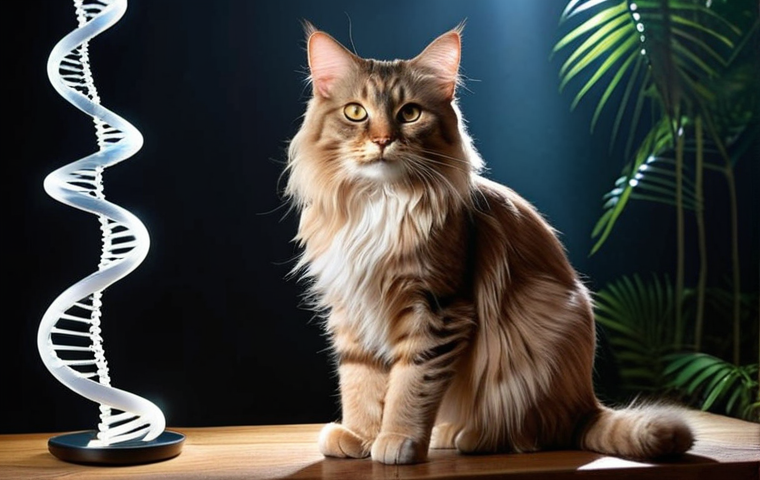**Ancestry & Discovery:** A domestic cat, a beloved 'mestizo' (mixed breed), sitting calmly with an aura of wonder. Subtle, translucent ethereal figures or patterns of exotic feline breeds like a majestic Maine Coon and a robust Norwegian Forest Cat are integrated into the background, hinting at hidden ancestry. A glowing, intricate DNA double helix weaves through the scene, symbolizing the revelation of its genetic history and a deeper connection. High-quality, cinematic lighting, warm and inviting.