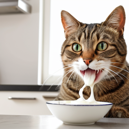 Home 8 **
"Happy cat eating yogurt from a spoon. Clean kitchen background, focus on cat's face and enjoyment, bright and healthy."
**