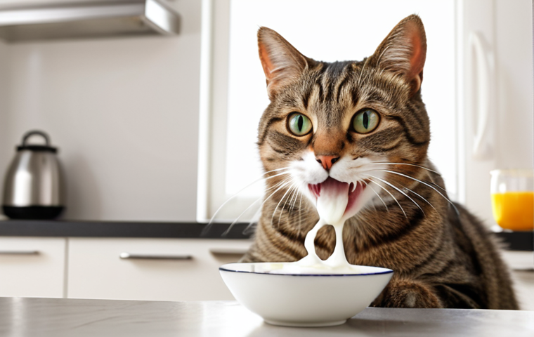 **
"Happy cat eating yogurt from a spoon. Clean kitchen background, focus on cat's face and enjoyment, bright and healthy."
**