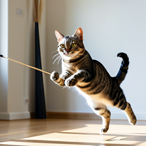 Home 18 A sleek domestic shorthair cat in a dynamic, natural pose, gracefully leaping to catch a feathered wand toy in a sunlit, modern living room. The cat's eyes are focused, body agile, showcasing perfect feline anatomy and correct proportions during active play. The environment is clean and inviting. This image is safe for work, appropriate content, family-friendly, and professional photography, high quality, sharp focus.