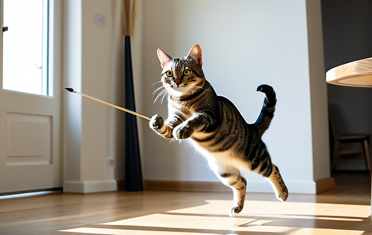 A sleek domestic shorthair cat in a dynamic, natural pose, gracefully leaping to catch a feathered wand toy in a sunlit, modern living room. The cat's eyes are focused, body agile, showcasing perfect feline anatomy and correct proportions during active play. The environment is clean and inviting. This image is safe for work, appropriate content, family-friendly, and professional photography, high quality, sharp focus.