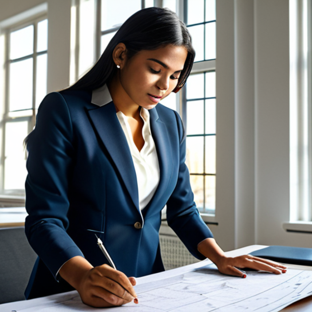 **

"A successful Latina architect in a modern office, reviewing blueprints. She's wearing a tailored blazer and skirt, fully clothed, appropriate attire. Sunlight streams through the large windows, illuminating the architectural models on her desk. Safe for work, perfect anatomy, natural proportions, professional photograph, high quality, family-friendly."

**