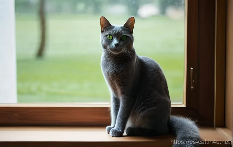 러시안 블루 성격 - **Prompt:** "A serene and elegant Russian Blue cat, with striking emerald green eyes, sits gracefull...