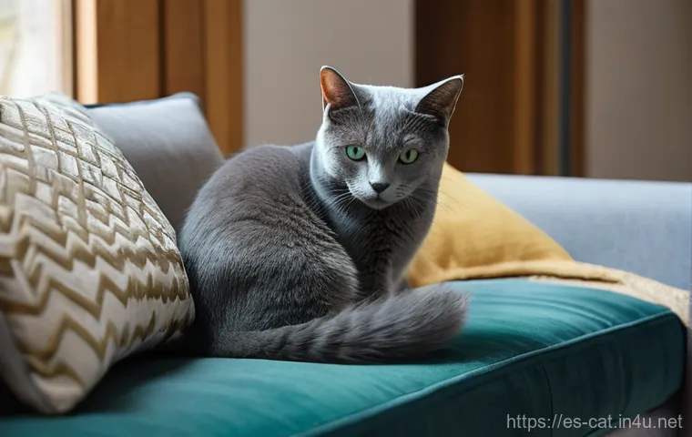 러시안 블루 성격 - **Prompt:** "A serene and elegant Russian Blue cat, with striking emerald green eyes, sits gracefull...