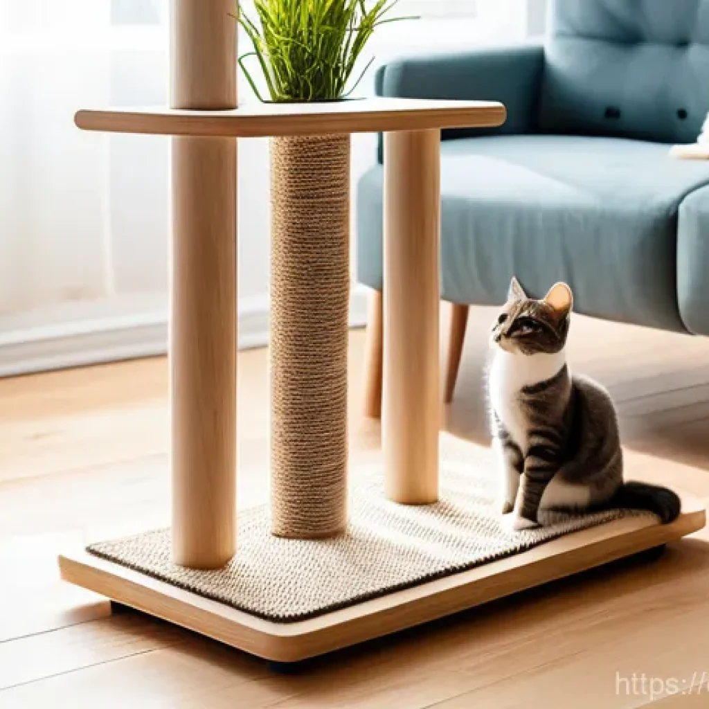 캣타워 디자인 추천 - A sleek, minimalist cat scratcher tower made of light birch wood and natural sisal rope stands elega...