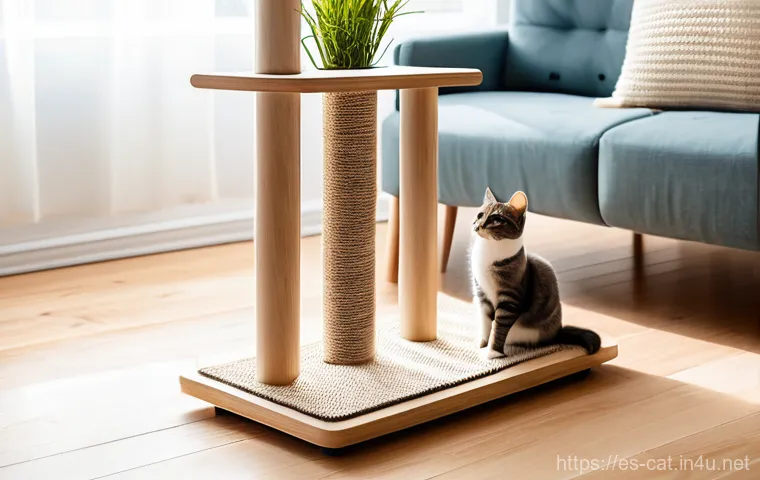 캣타워 디자인 추천 - A sleek, minimalist cat scratcher tower made of light birch wood and natural sisal rope stands elega...