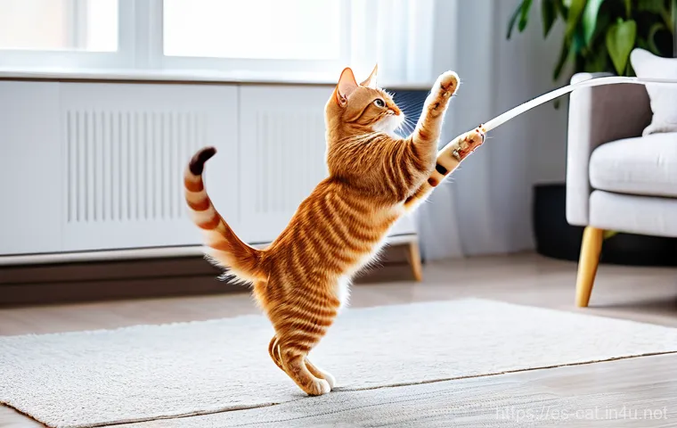 고양이 실내 운동법 - **Prompt for interactive play:**
"A joyful and energetic domestic cat, a sleek ginger shorthair,...