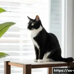 고양이와 친밀도 높이기 - A domestic short-haired cat with sleek, healthy fur, comfortably perched on the top platform of a mo...