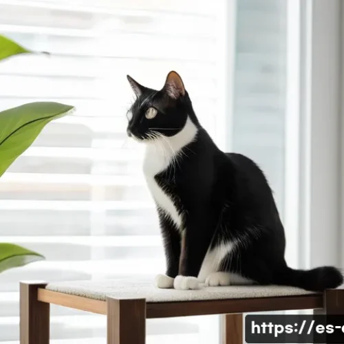 고양이와 친밀도 높이기 - A domestic short-haired cat with sleek, healthy fur, comfortably perched on the top platform of a mo...