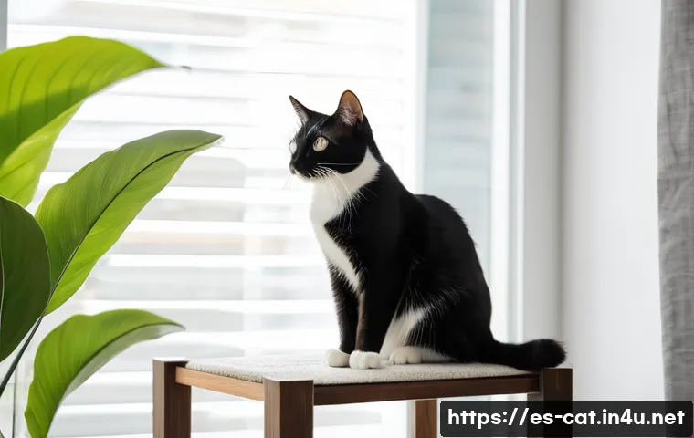 고양이와 친밀도 높이기 - A domestic short-haired cat with sleek, healthy fur, comfortably perched on the top platform of a mo...