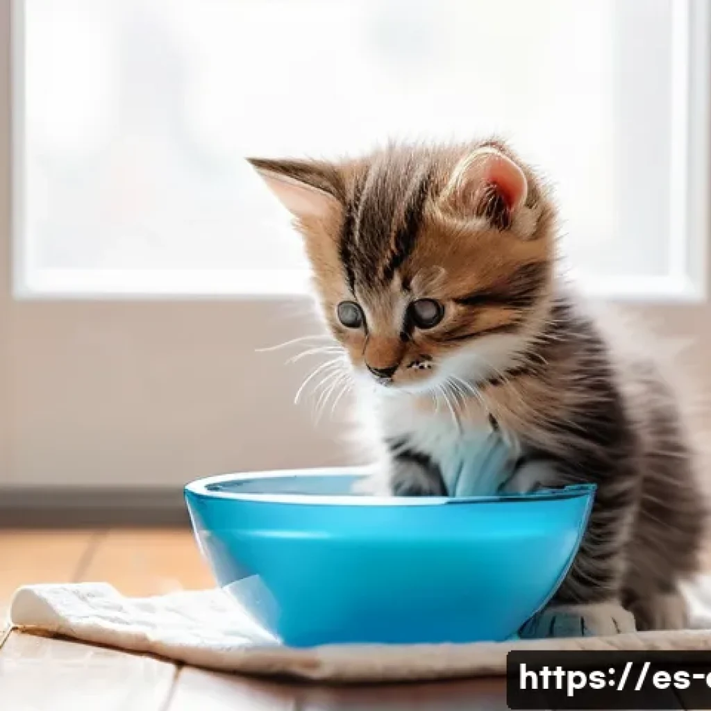 고양이의 물 섭취량 체크 - A cozy indoor scene featuring a playful kitten drinking water from a shallow, wide ceramic bowl plac...