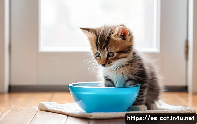 고양이의 물 섭취량 체크 - A cozy indoor scene featuring a playful kitten drinking water from a shallow, wide ceramic bowl plac...