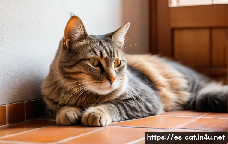 고양이의 수면 패턴 - A serene domestic adult cat resting comfortably in a cozy, warm corner of a typical Spanish home, su...