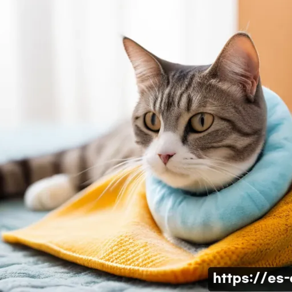 고양이 중성화 장단점 - A calm domestic cat wearing a soft Elizabethan collar resting peacefully on a cozy blanket in a quie...