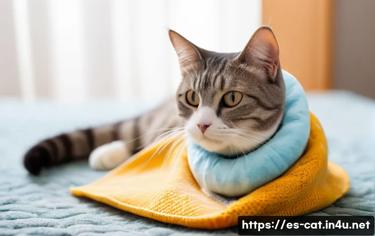 고양이 중성화 장단점 - A calm domestic cat wearing a soft Elizabethan collar resting peacefully on a cozy blanket in a quie...