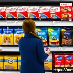 Home 21 고양이 사료 할인 정보 - A cozy pet store shelf scene in a bright, modern Spanish supermarket, showcasing a variety of cat fo...