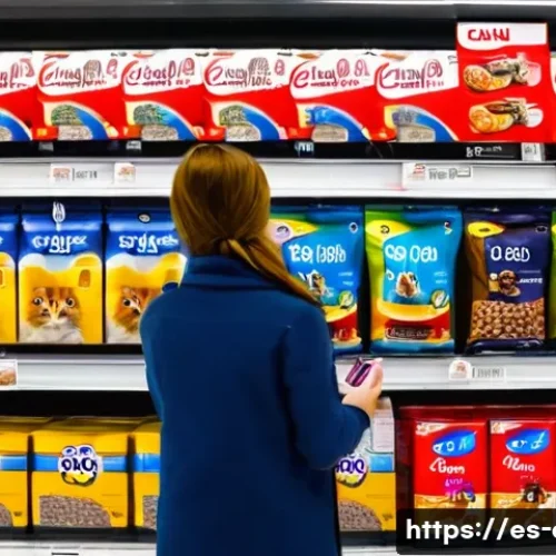 Home 33 고양이 사료 할인 정보 - A cozy pet store shelf scene in a bright, modern Spanish supermarket, showcasing a variety of cat fo...