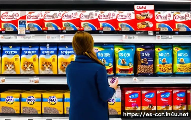 고양이 사료 할인 정보 - A cozy pet store shelf scene in a bright, modern Spanish supermarket, showcasing a variety of cat fo...