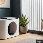 Home 20 고양이 자동화장실 비교 - A modern, sleek automatic cat litter box placed in a quiet, sunlit corner of a stylish Spanish apart...