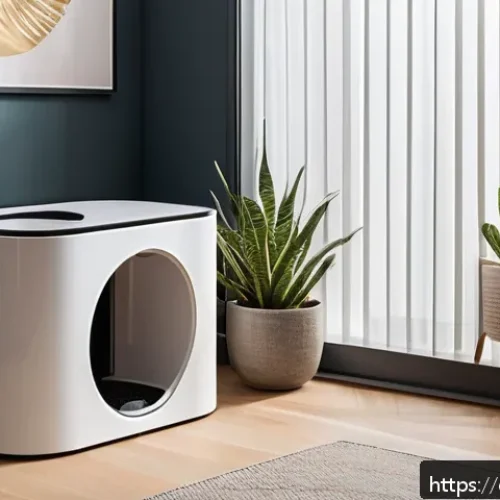 Home 32 고양이 자동화장실 비교 - A modern, sleek automatic cat litter box placed in a quiet, sunlit corner of a stylish Spanish apart...