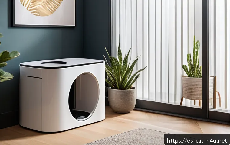 고양이 자동화장실 비교 - A modern, sleek automatic cat litter box placed in a quiet, sunlit corner of a stylish Spanish apart...