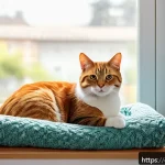 Home 19 고양이 건강검진 주기 - A cozy indoor scene featuring a healthy adult cat resting comfortably on a soft blanket near a sunny...