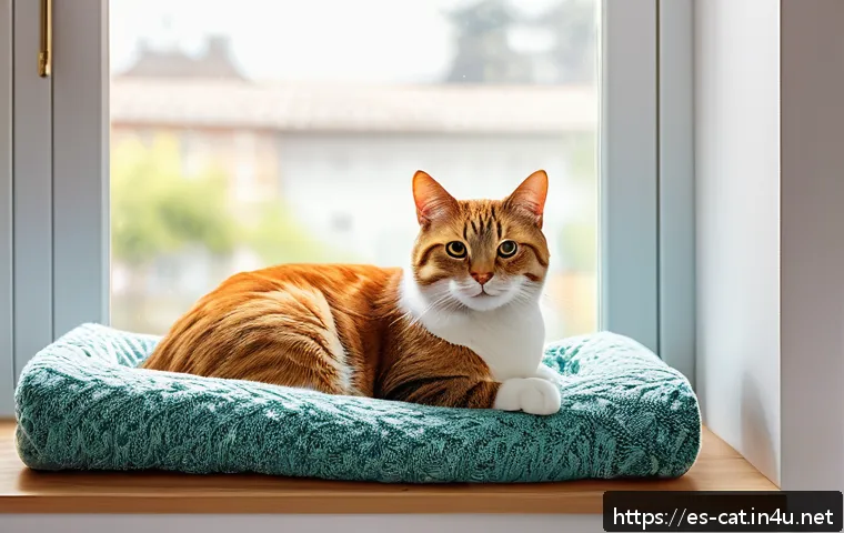 고양이 건강검진 주기 - A cozy indoor scene featuring a healthy adult cat resting comfortably on a soft blanket near a sunny...
