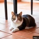 Home 18 고양이 스트레스 테스트 - A detailed, heartwarming scene of a stressed domestic cat hiding under a cozy wooden table in a mode...