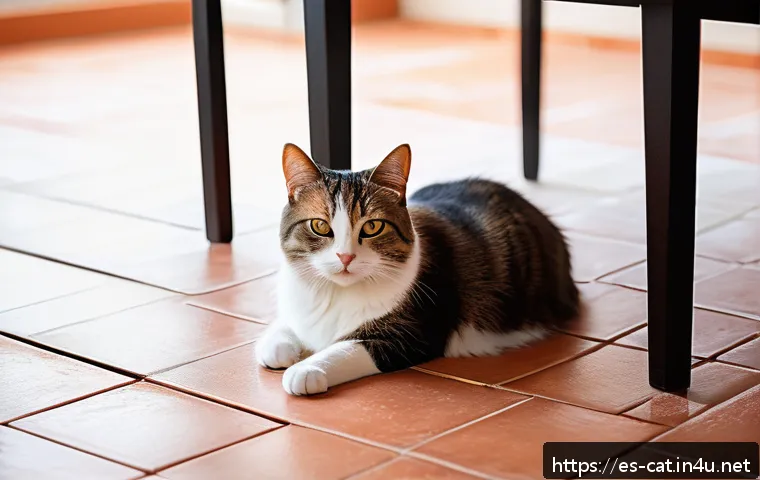 고양이 스트레스 테스트 - A detailed, heartwarming scene of a stressed domestic cat hiding under a cozy wooden table in a mode...