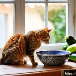Home 23 고양이 간 보호 사료 - A detailed, heartwarming scene of a healthy domestic cat with a shiny coat eating a specially formul...