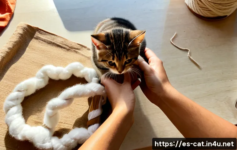 Home 17 고양이 장난감 DIY - Photorealistic overhead view of a simple DIY cat toy project on a clean sunlit apartment table in Sp...