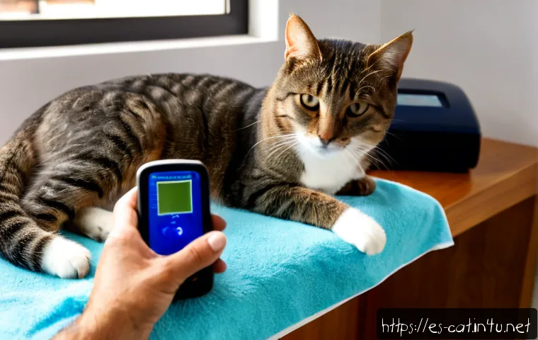 고양이 마이크로칩 등록 - Photorealistic veterinary clinic scene in Spain, a calm tabby cat securely resting on a soft examina...
