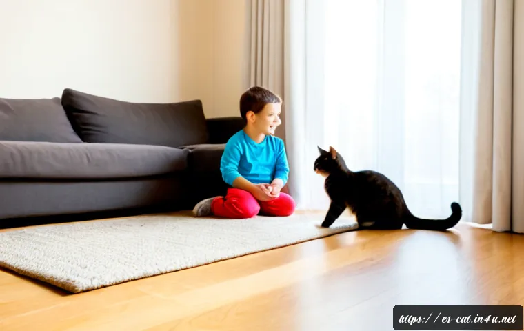 고양이와 아기 함께 키우기 - Photorealistic warm family living room in a Spanish home, a calm domestic cat resting safely beside ...